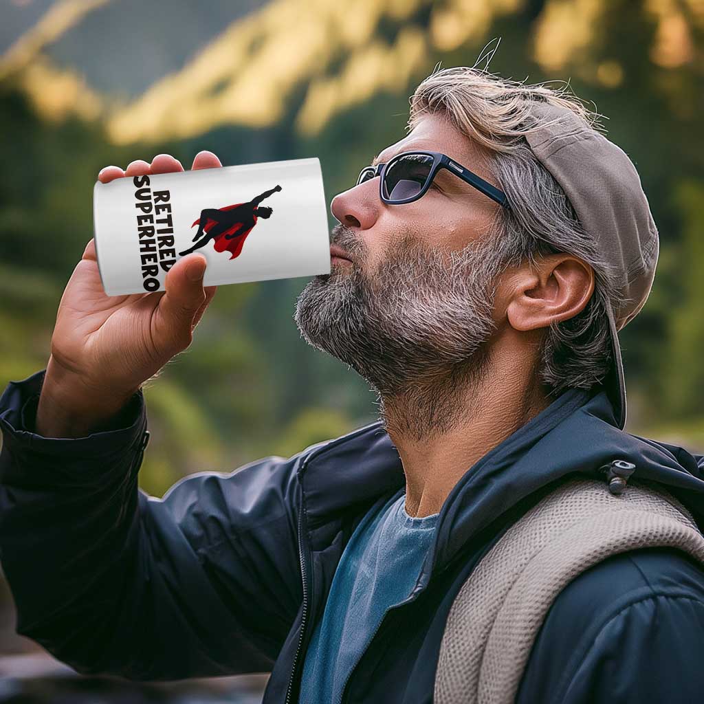 Retired Superhero Retirement Gift 4 in 1 Can Cooler Tumbler Flying Red Cape Silhouette Graphic