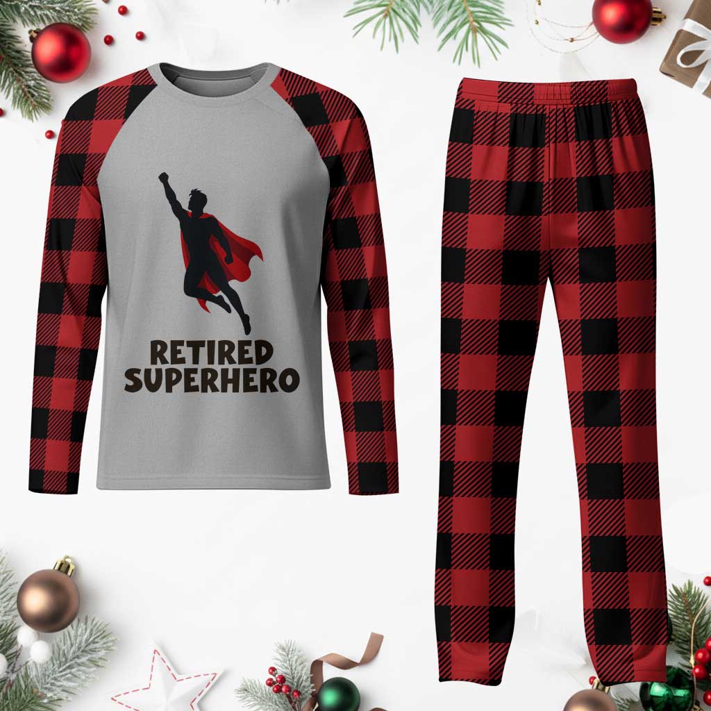 Retired Superhero Retirement Gift Plaid Pajama Set Flying Red Cape Silhouette Graphic
