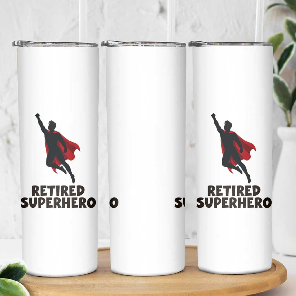 Retired Superhero Retirement Gift Skinny Tumbler Flying Red Cape Silhouette Graphic