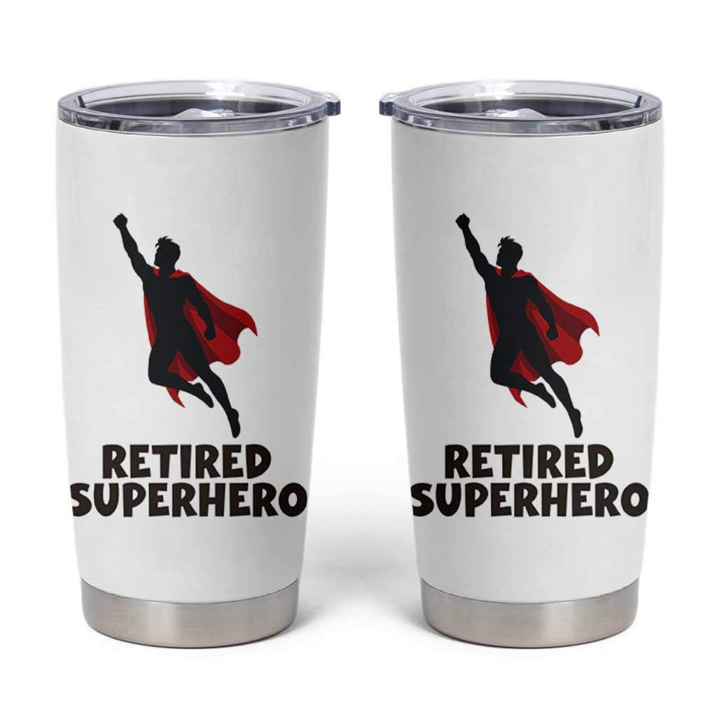 Retired Superhero Retirement Gift Tumbler Cup Flying Red Cape Silhouette Graphic