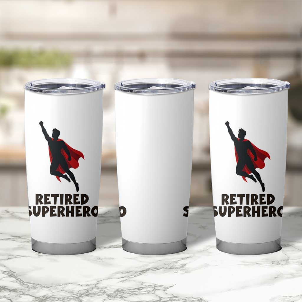 Retired Superhero Retirement Gift Tumbler Cup Flying Red Cape Silhouette Graphic