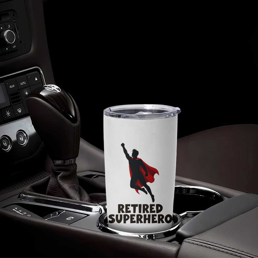 Retired Superhero Retirement Gift Tumbler Cup Flying Red Cape Silhouette Graphic