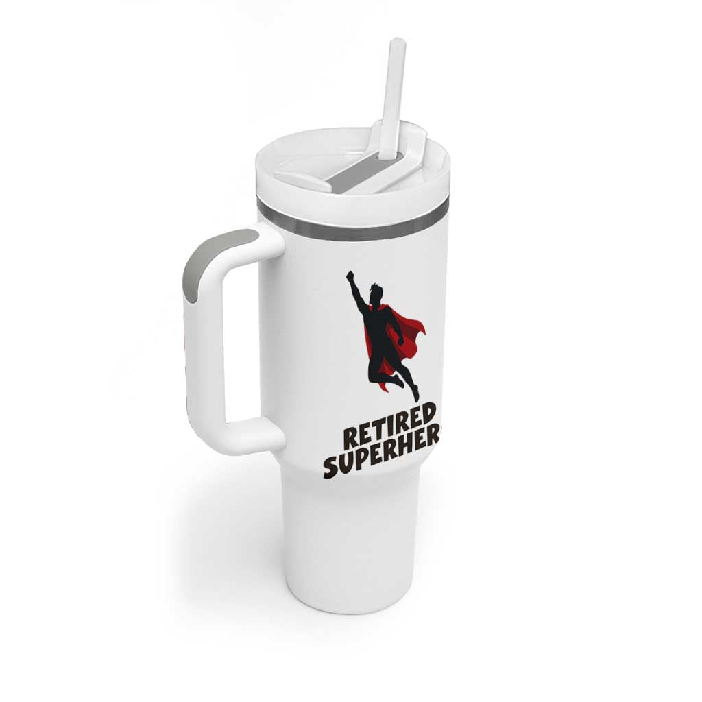 Retired Superhero Retirement Gift Tumbler With Handle Flying Red Cape Silhouette Graphic