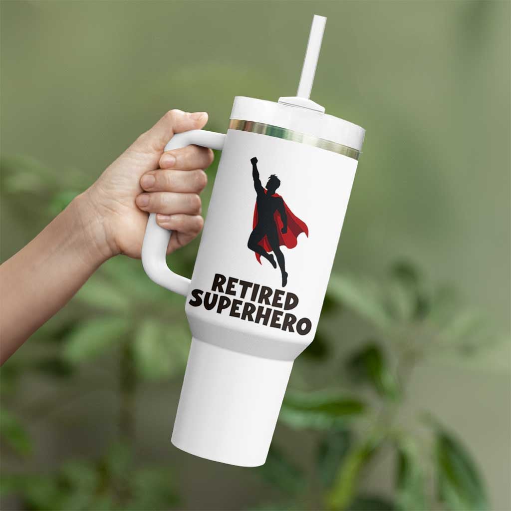 Retired Superhero Retirement Gift Tumbler With Handle Flying Red Cape Silhouette Graphic