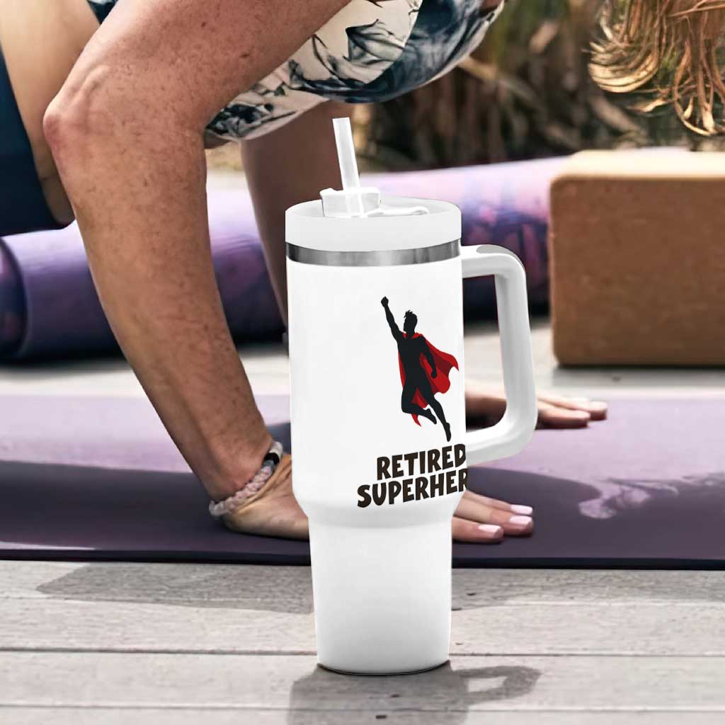 Retired Superhero Retirement Gift Tumbler With Handle Flying Red Cape Silhouette Graphic