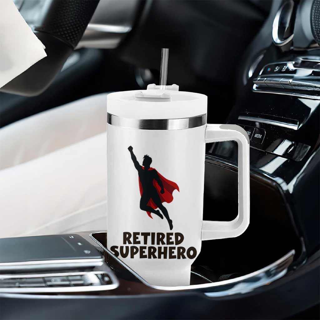 Retired Superhero Retirement Gift Tumbler With Handle Flying Red Cape Silhouette Graphic
