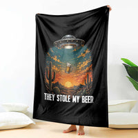 They Stole My Beer Throw Blanket Funny UFO Abducting Beer Mug Vintage Western Gift