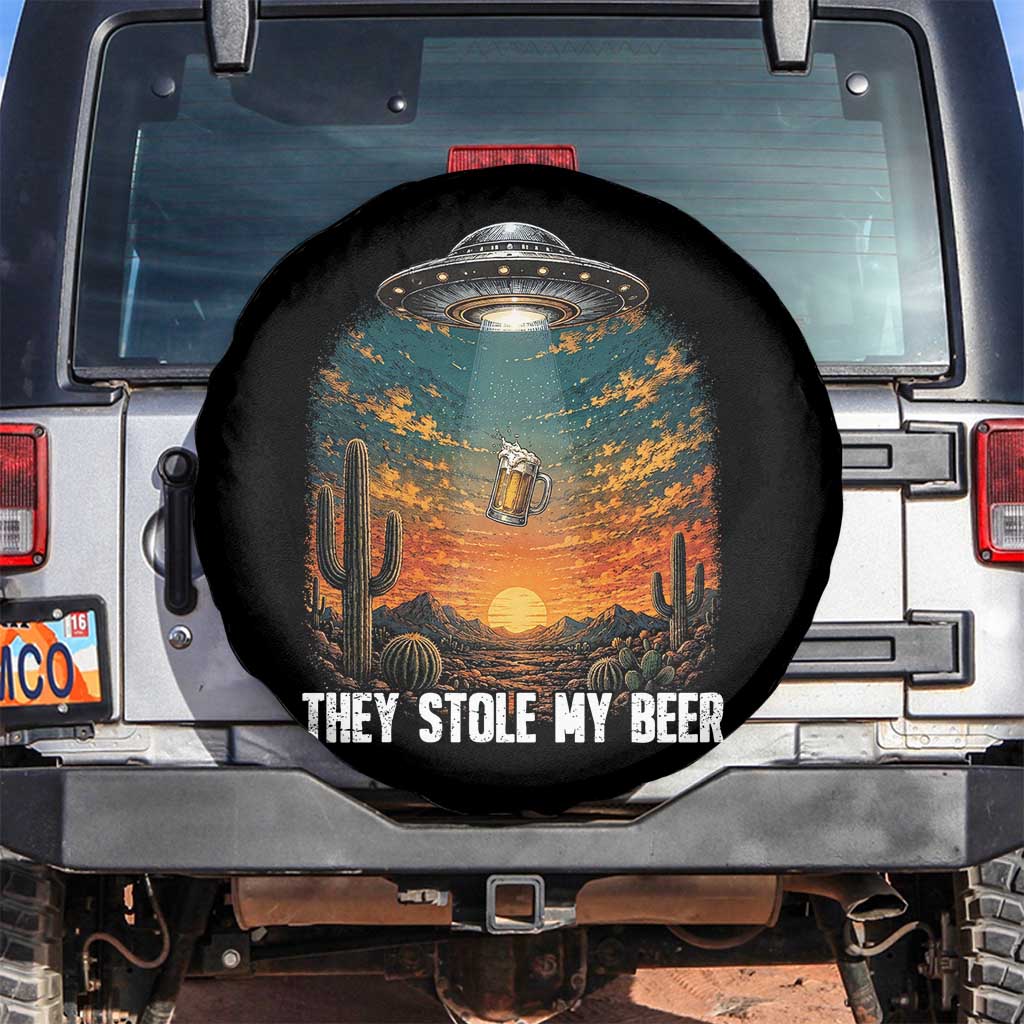 They Stole My Beer Spare Tire Cover Funny UFO Abducting Beer Mug Vintage Western Gift
