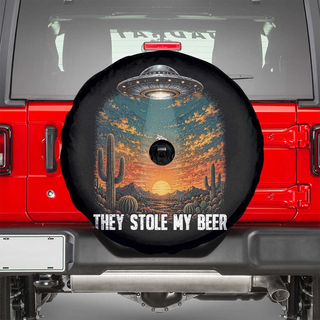 They Stole My Beer Spare Tire Cover Funny UFO Abducting Beer Mug Vintage Western Gift