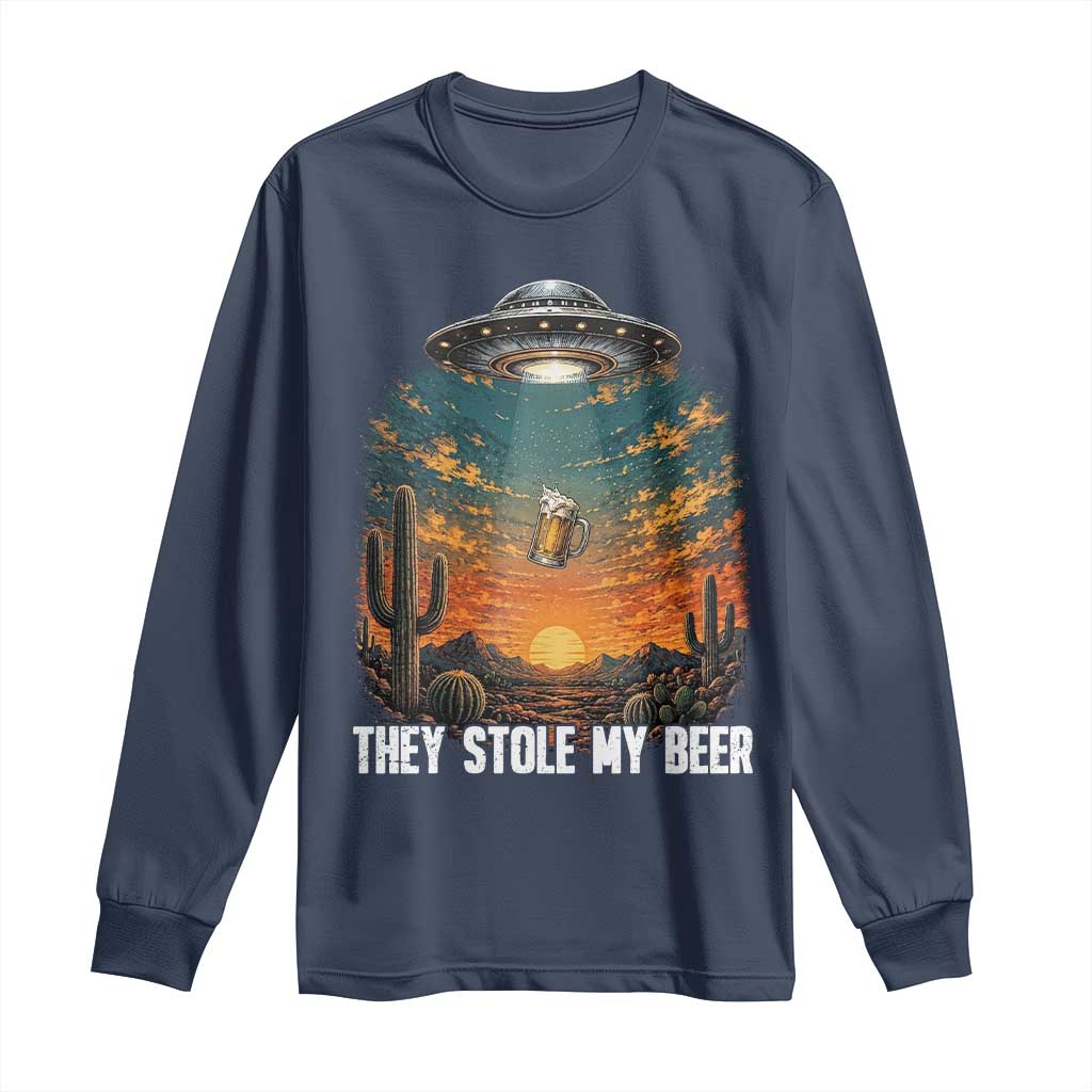 They Stole My Beer Long Sleeve Shirt Funny UFO Abducting Beer Mug Vintage Western Gift