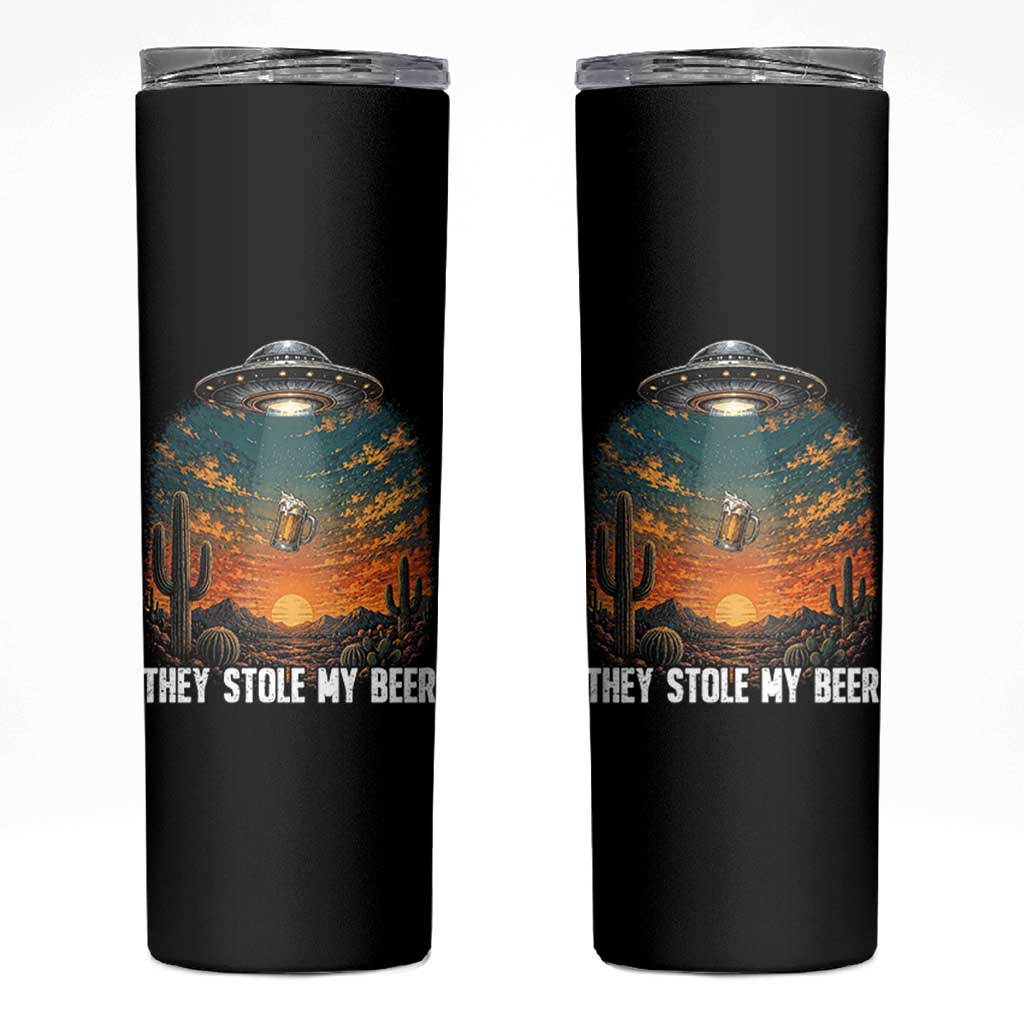 They Stole My Beer Skinny Tumbler Funny UFO Abducting Beer Mug Vintage Western Gift