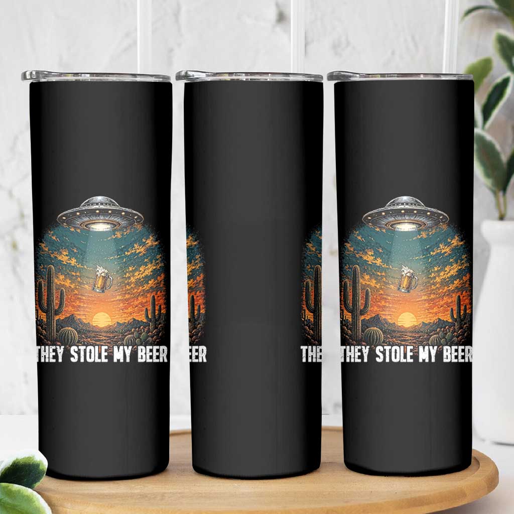 They Stole My Beer Skinny Tumbler Funny UFO Abducting Beer Mug Vintage Western Gift
