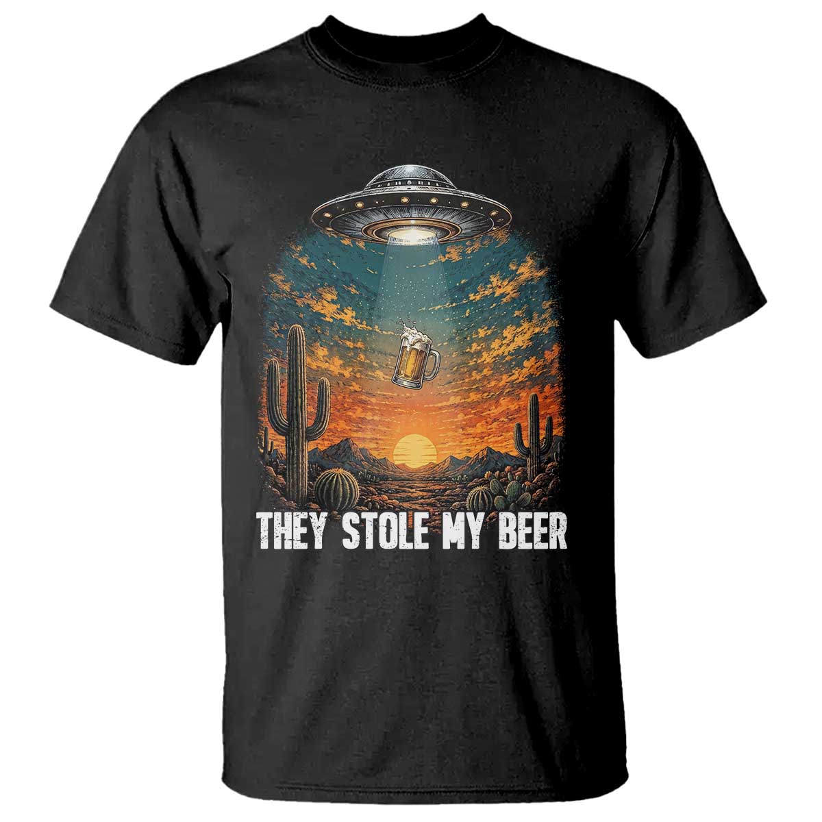 They Stole My Beer T Shirt Funny UFO Abducting Beer Mug Vintage Western Gift