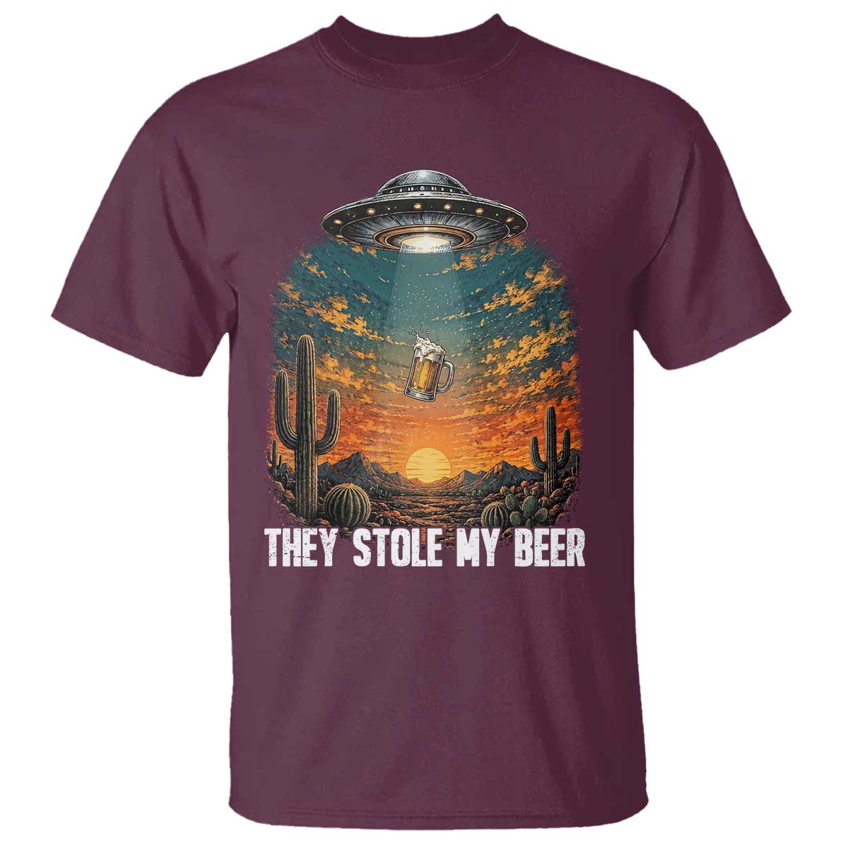 They Stole My Beer T Shirt Funny UFO Abducting Beer Mug Vintage Western Gift