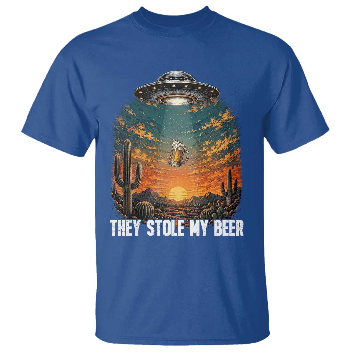 They Stole My Beer T Shirt Funny UFO Abducting Beer Mug Vintage Western Gift