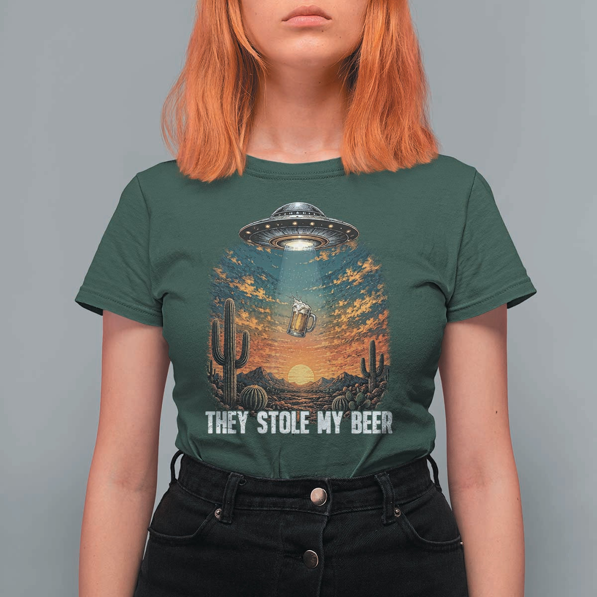 They Stole My Beer T Shirt For Women Funny UFO Abducting Beer Mug Vintage Western Gift