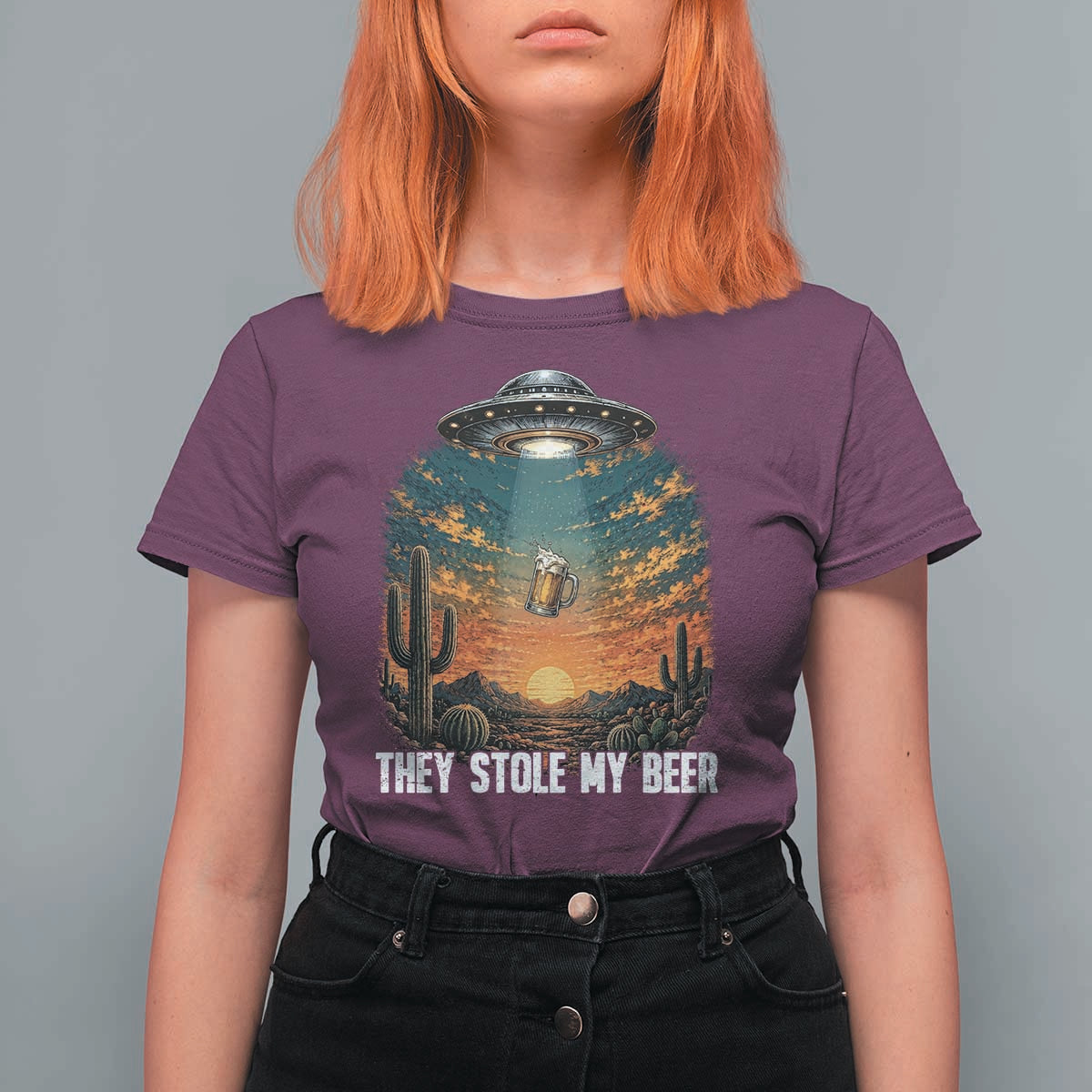 They Stole My Beer T Shirt For Women Funny UFO Abducting Beer Mug Vintage Western Gift