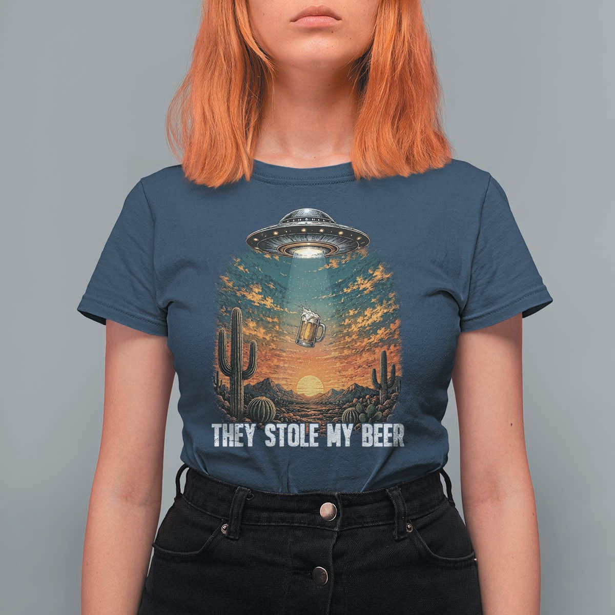 They Stole My Beer T Shirt For Women Funny UFO Abducting Beer Mug Vintage Western Gift