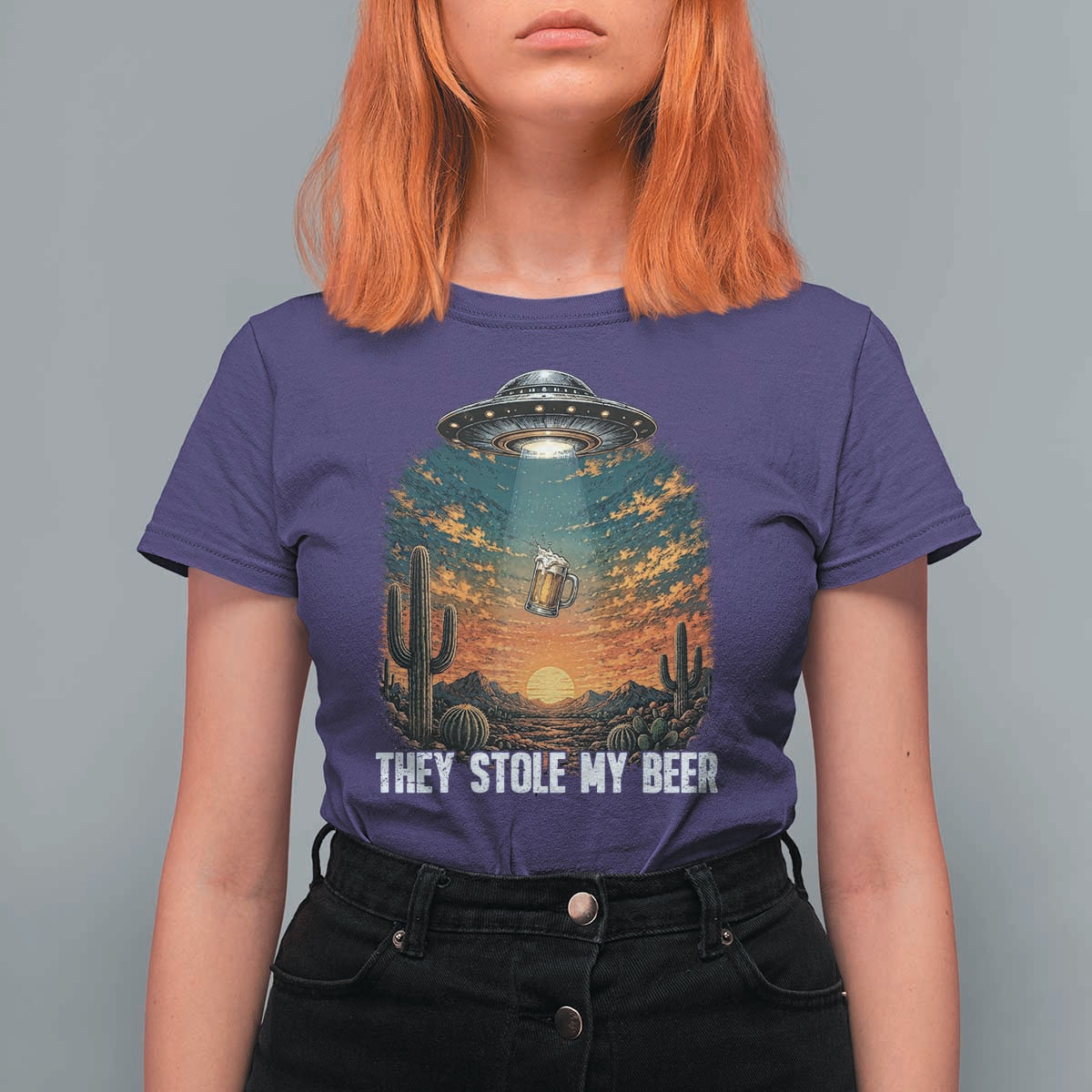 They Stole My Beer T Shirt For Women Funny UFO Abducting Beer Mug Vintage Western Gift