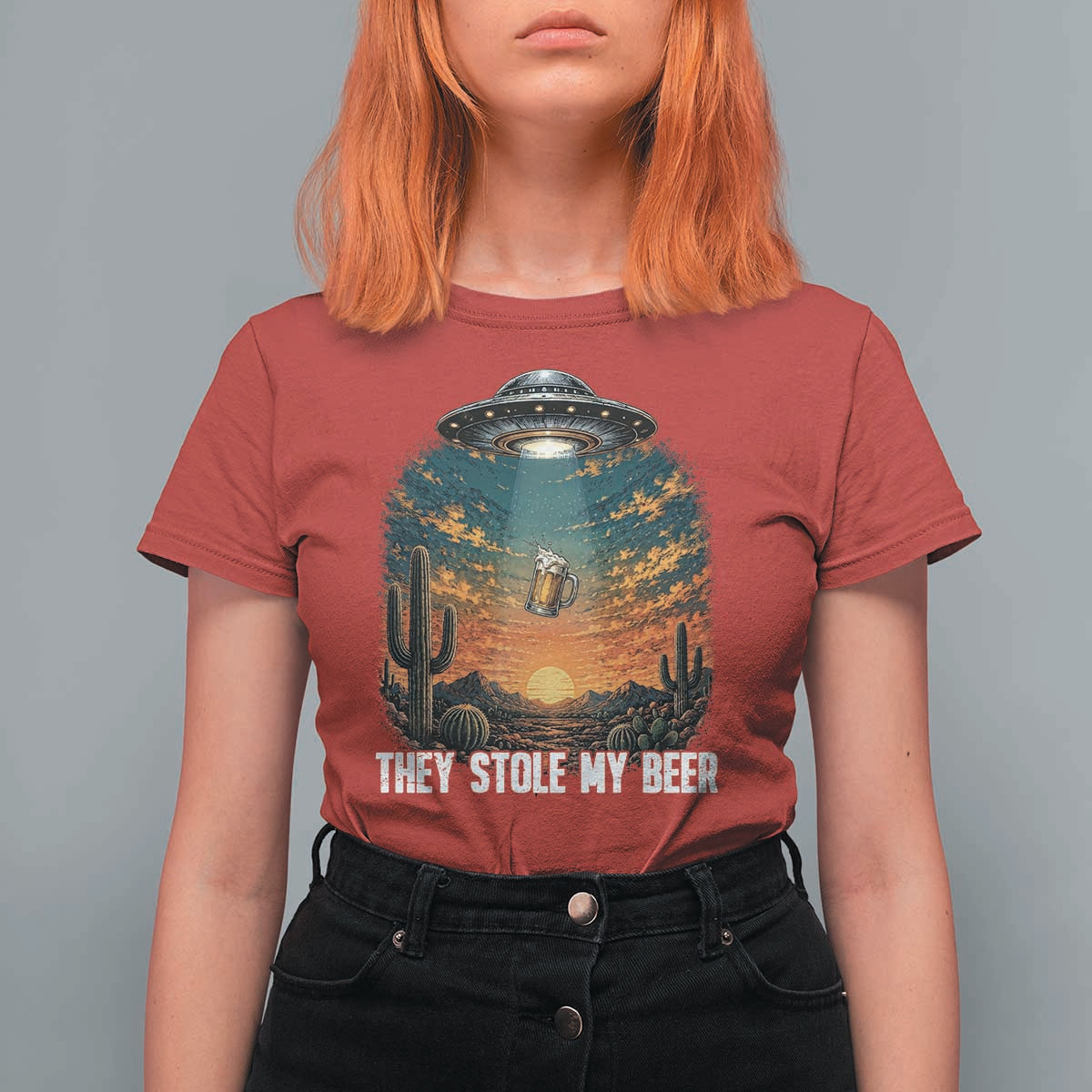 They Stole My Beer T Shirt For Women Funny UFO Abducting Beer Mug Vintage Western Gift