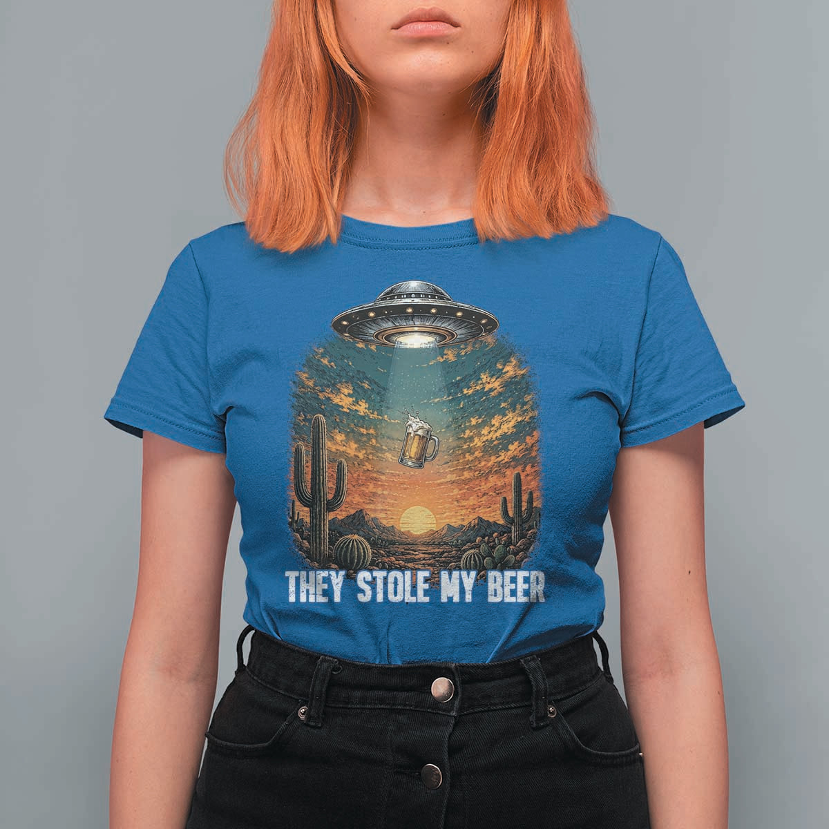 They Stole My Beer T Shirt For Women Funny UFO Abducting Beer Mug Vintage Western Gift