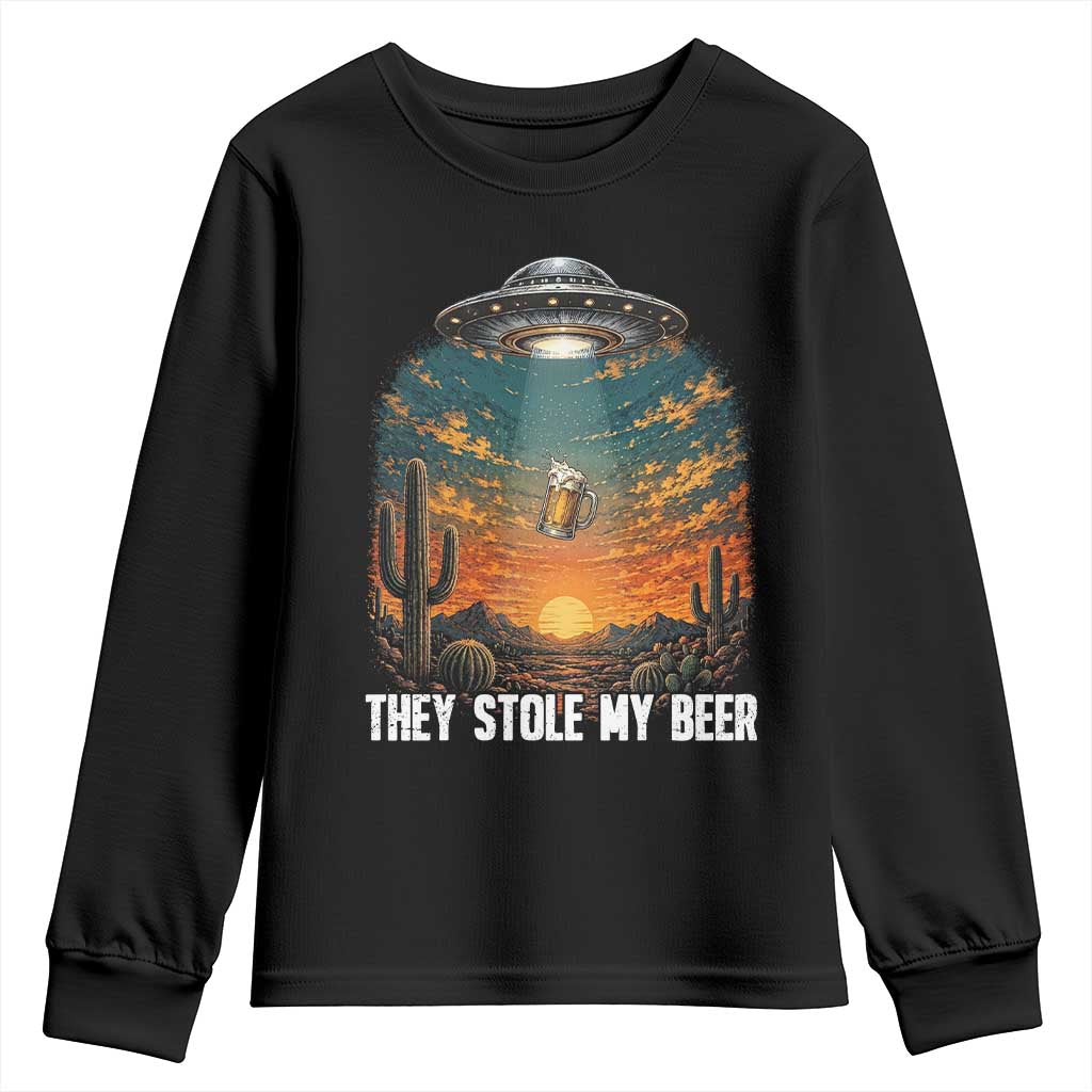 They Stole My Beer Youth Sweatshirt Funny UFO Abducting Beer Mug Vintage Western Gift