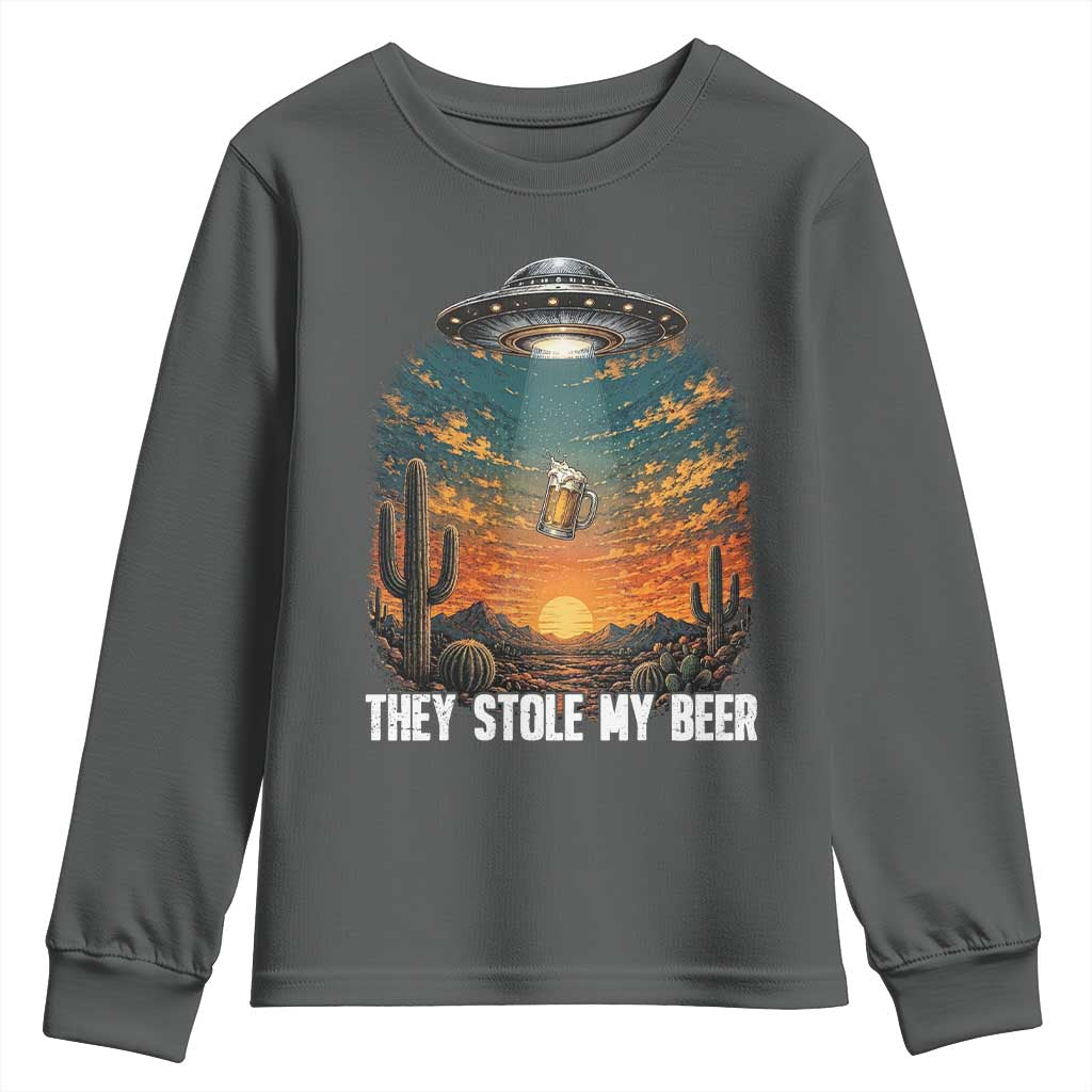 They Stole My Beer Youth Sweatshirt Funny UFO Abducting Beer Mug Vintage Western Gift