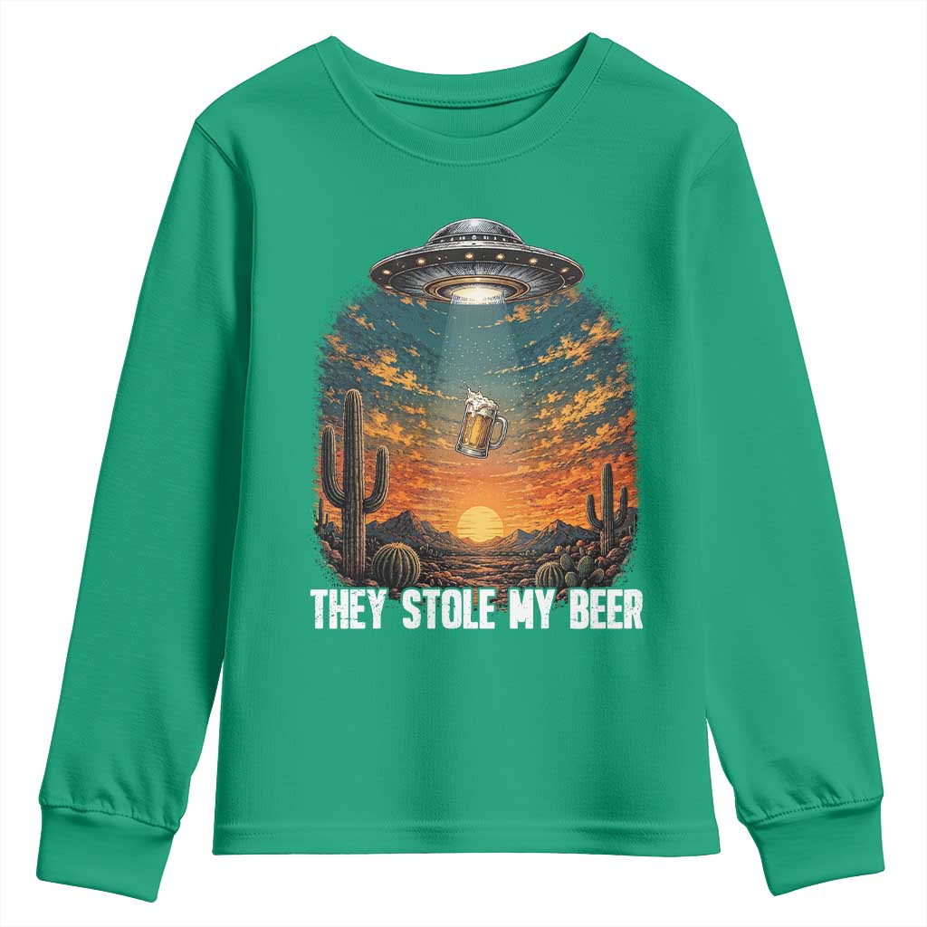 They Stole My Beer Youth Sweatshirt Funny UFO Abducting Beer Mug Vintage Western Gift