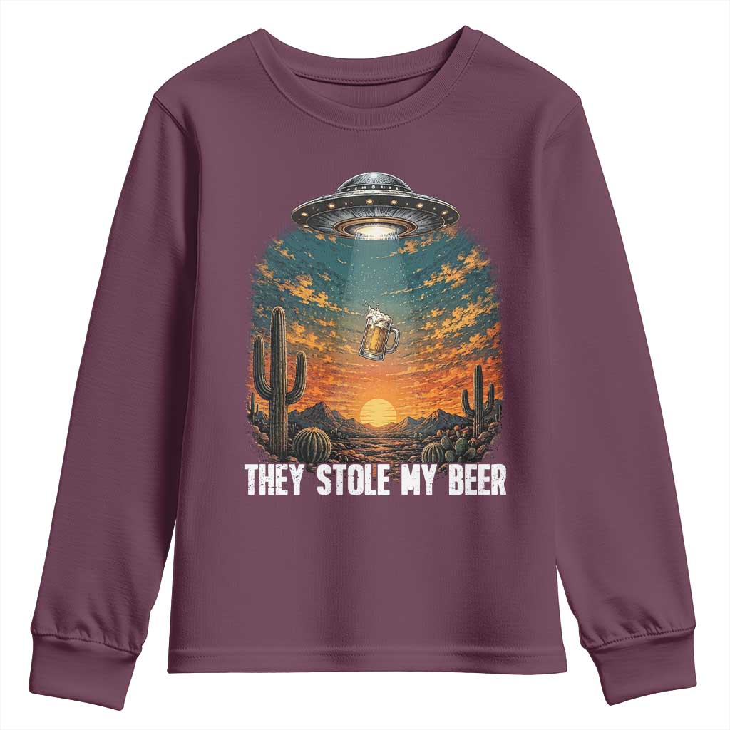 They Stole My Beer Youth Sweatshirt Funny UFO Abducting Beer Mug Vintage Western Gift