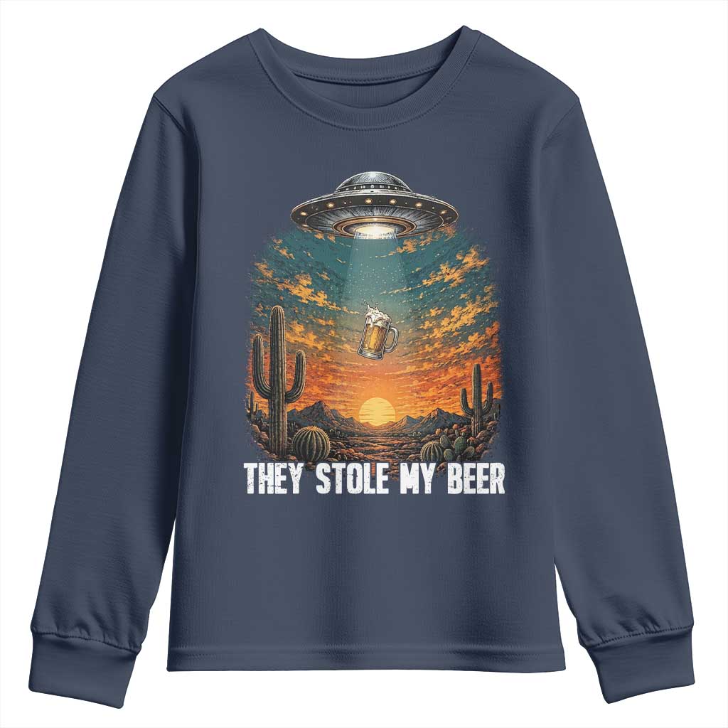 They Stole My Beer Youth Sweatshirt Funny UFO Abducting Beer Mug Vintage Western Gift
