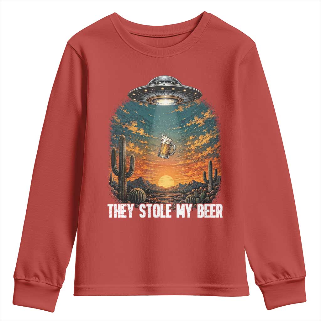 They Stole My Beer Youth Sweatshirt Funny UFO Abducting Beer Mug Vintage Western Gift