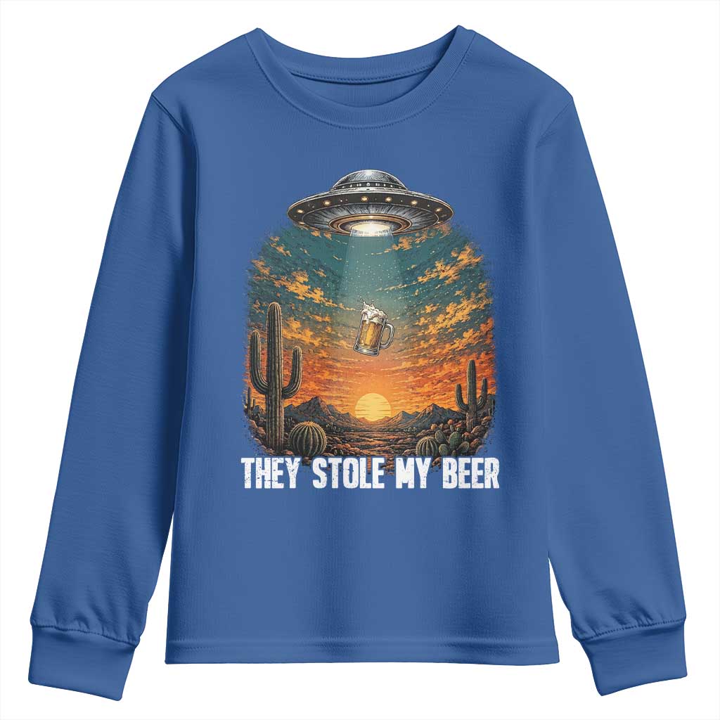 They Stole My Beer Youth Sweatshirt Funny UFO Abducting Beer Mug Vintage Western Gift