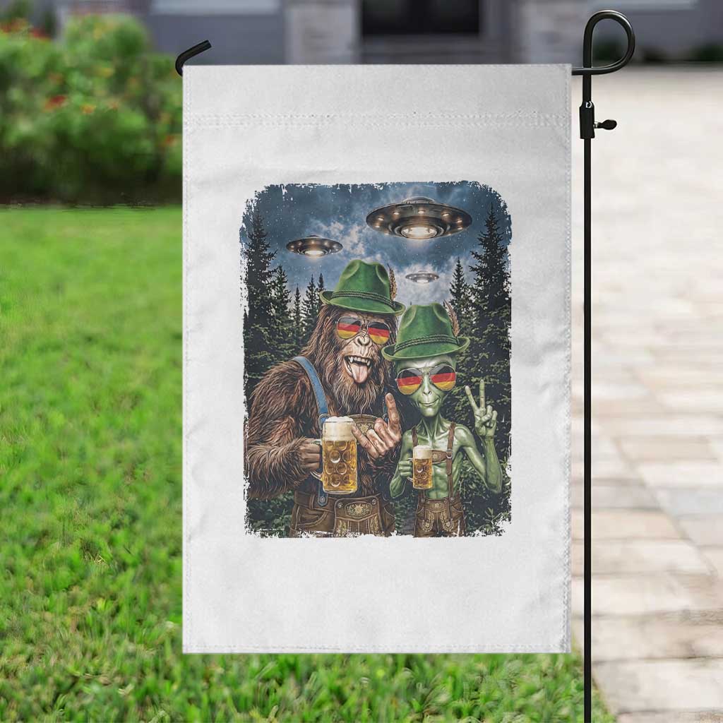 Funny Bigfoot Alien Oktoberfest Garden Flag Selfie Beer Party German Lederhosen UFO Gift