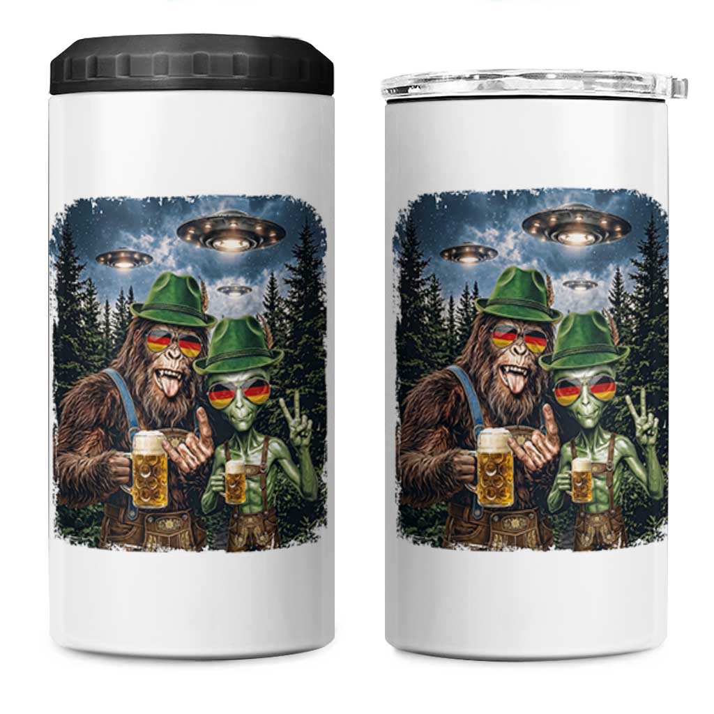 Funny Bigfoot Alien Oktoberfest 4 in 1 Can Cooler Tumbler Selfie Beer Party German Lederhosen UFO Gift