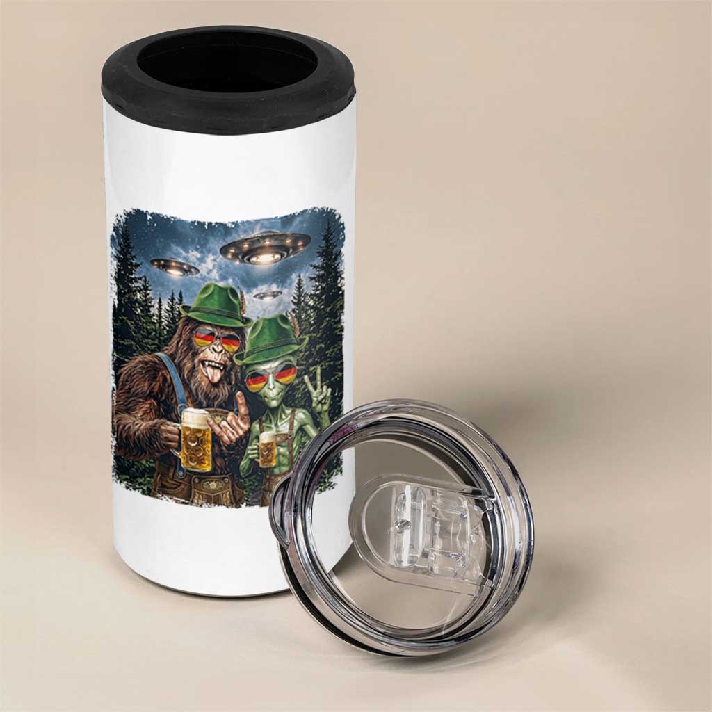 Funny Bigfoot Alien Oktoberfest 4 in 1 Can Cooler Tumbler Selfie Beer Party German Lederhosen UFO Gift