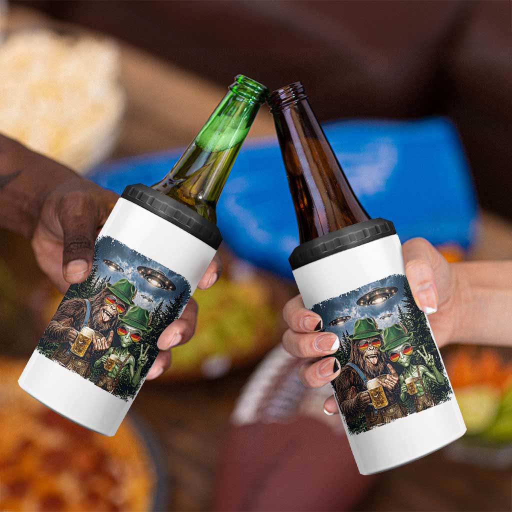 Funny Bigfoot Alien Oktoberfest 4 in 1 Can Cooler Tumbler Selfie Beer Party German Lederhosen UFO Gift