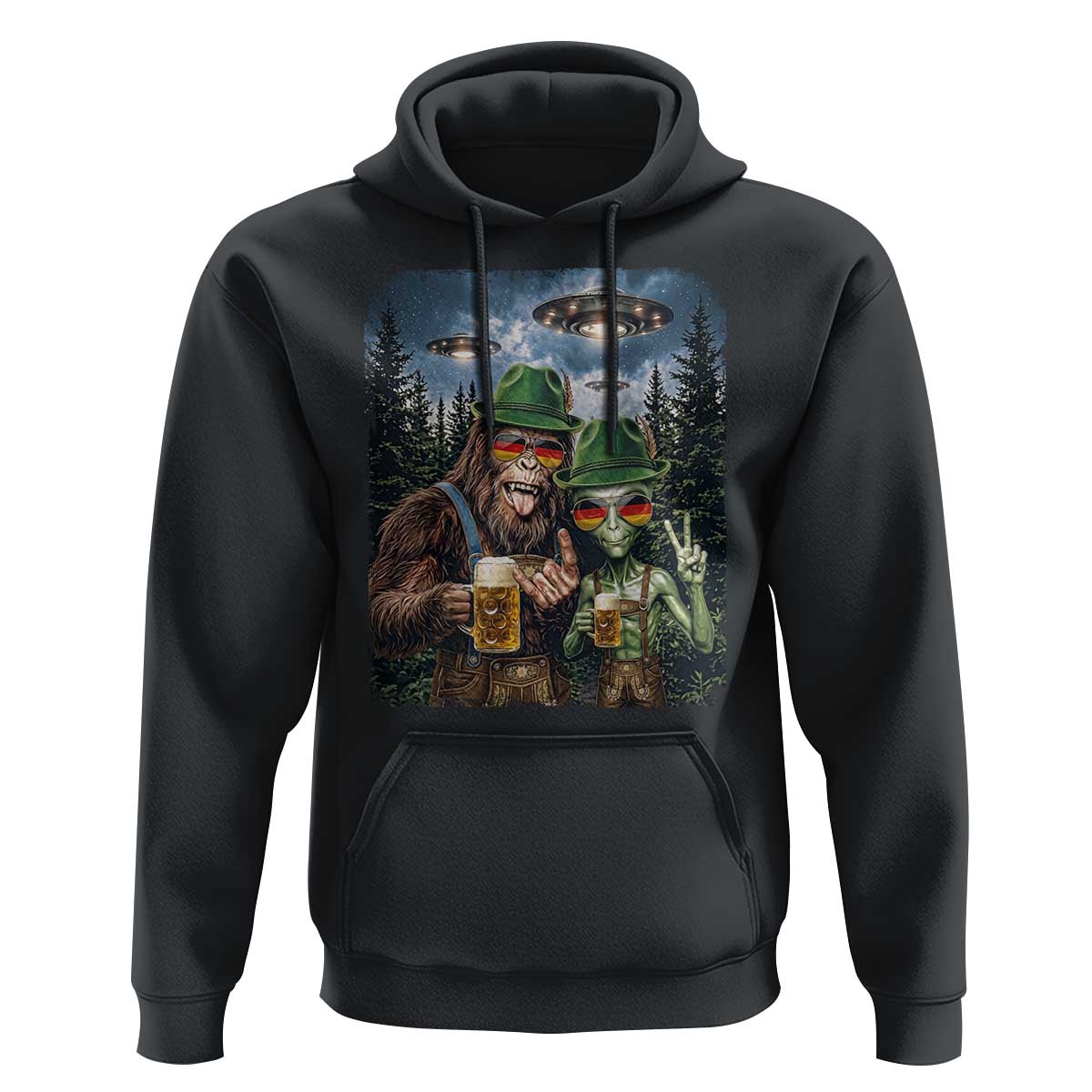 Funny Bigfoot Alien Oktoberfest Hoodie Selfie Beer Party German Lederhosen UFO Gift
