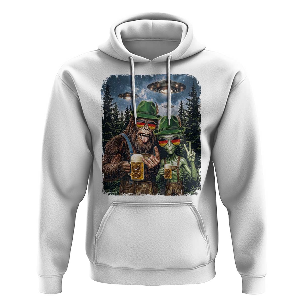 Funny Bigfoot Alien Oktoberfest Hoodie Selfie Beer Party German Lederhosen UFO Gift