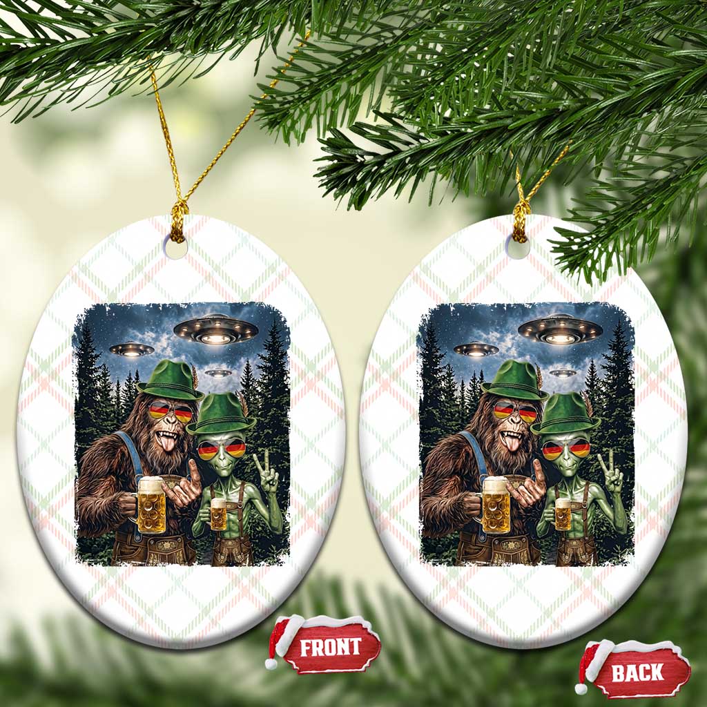Funny Bigfoot Alien Oktoberfest Ceramic Ornament Selfie Beer Party German Lederhosen UFO Gift
