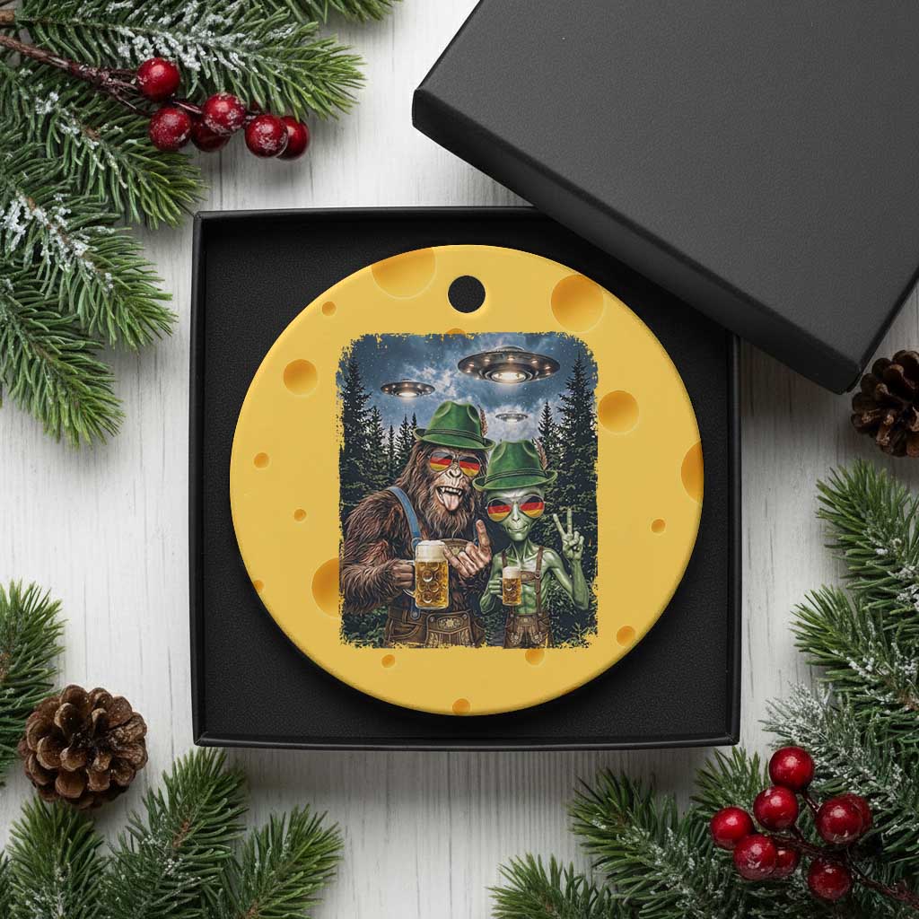 Funny Bigfoot Alien Oktoberfest Ceramic Ornament Selfie Beer Party German Lederhosen UFO Gift