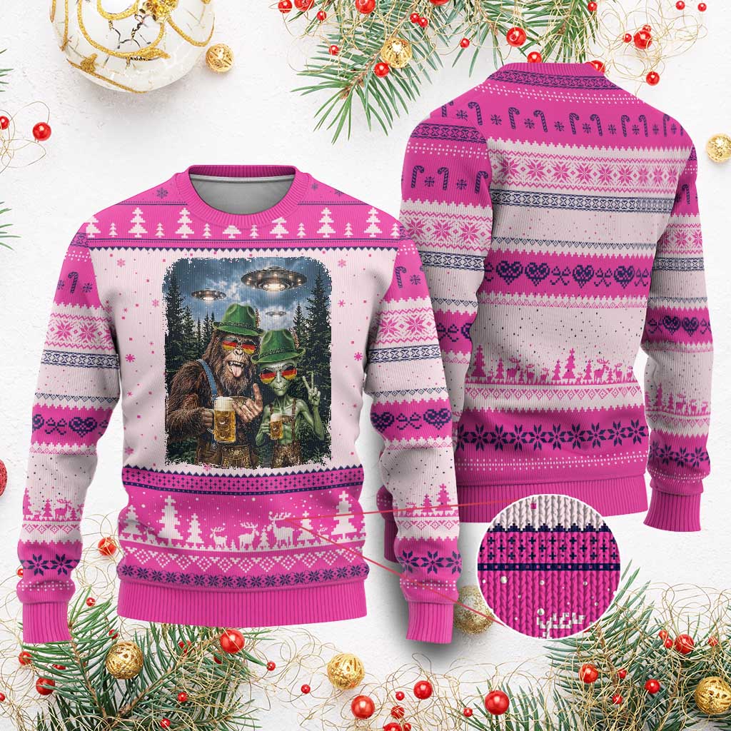 Funny Bigfoot Alien Oktoberfest Ugly Christmas Sweater Selfie Beer Party German Lederhosen UFO Gift