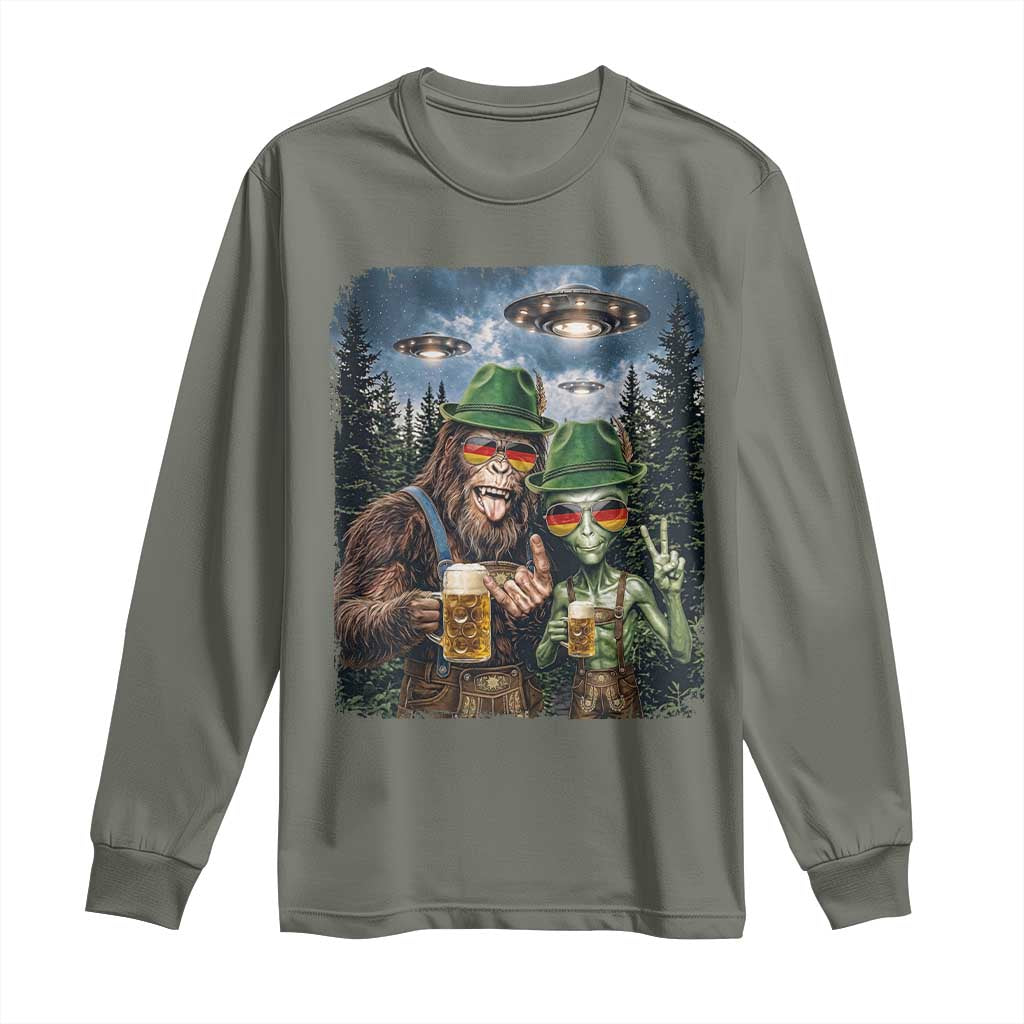 Funny Bigfoot Alien Oktoberfest Long Sleeve Shirt Selfie Beer Party German Lederhosen UFO Gift