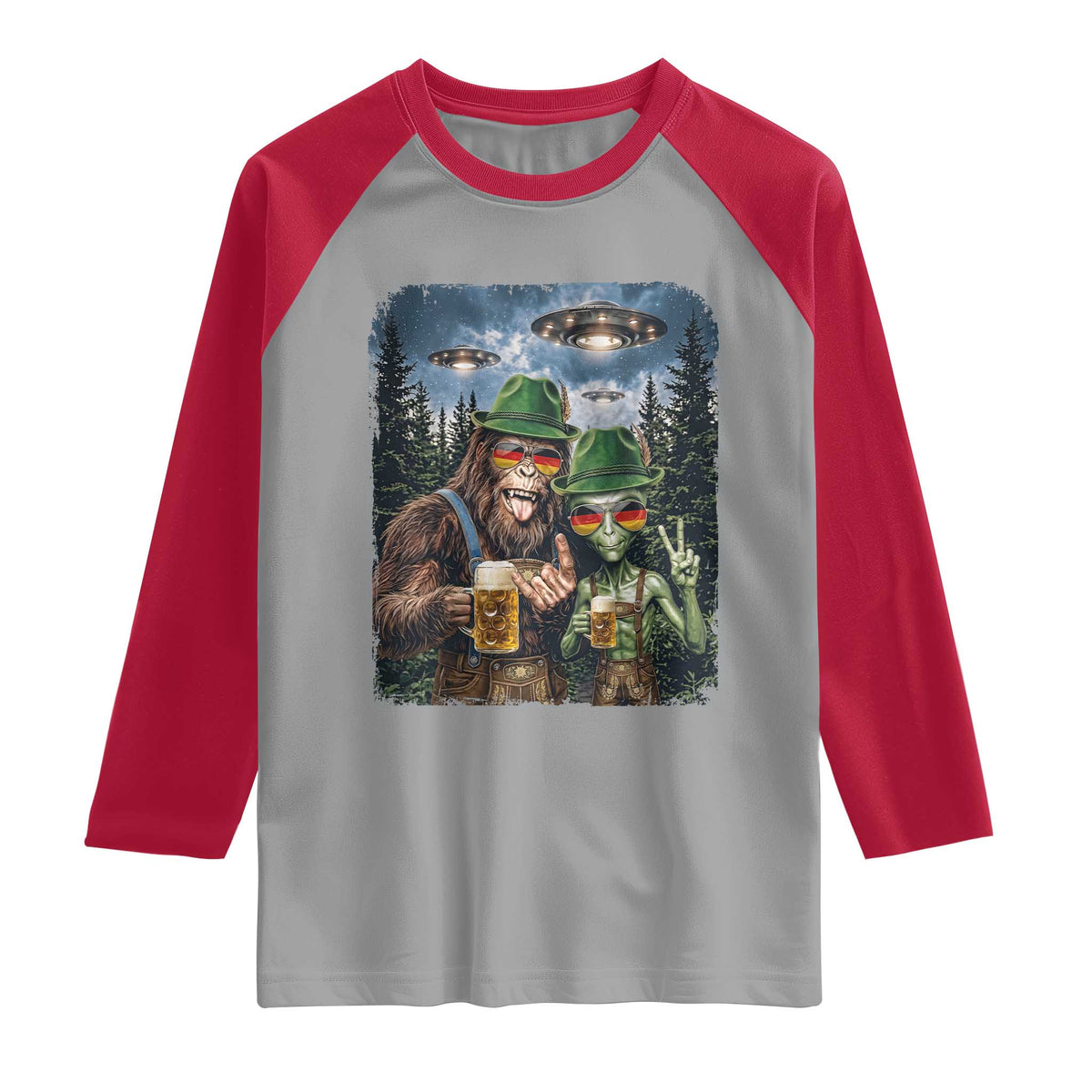 Funny Bigfoot Alien Oktoberfest Raglan Shirt Selfie Beer Party German Lederhosen UFO Gift