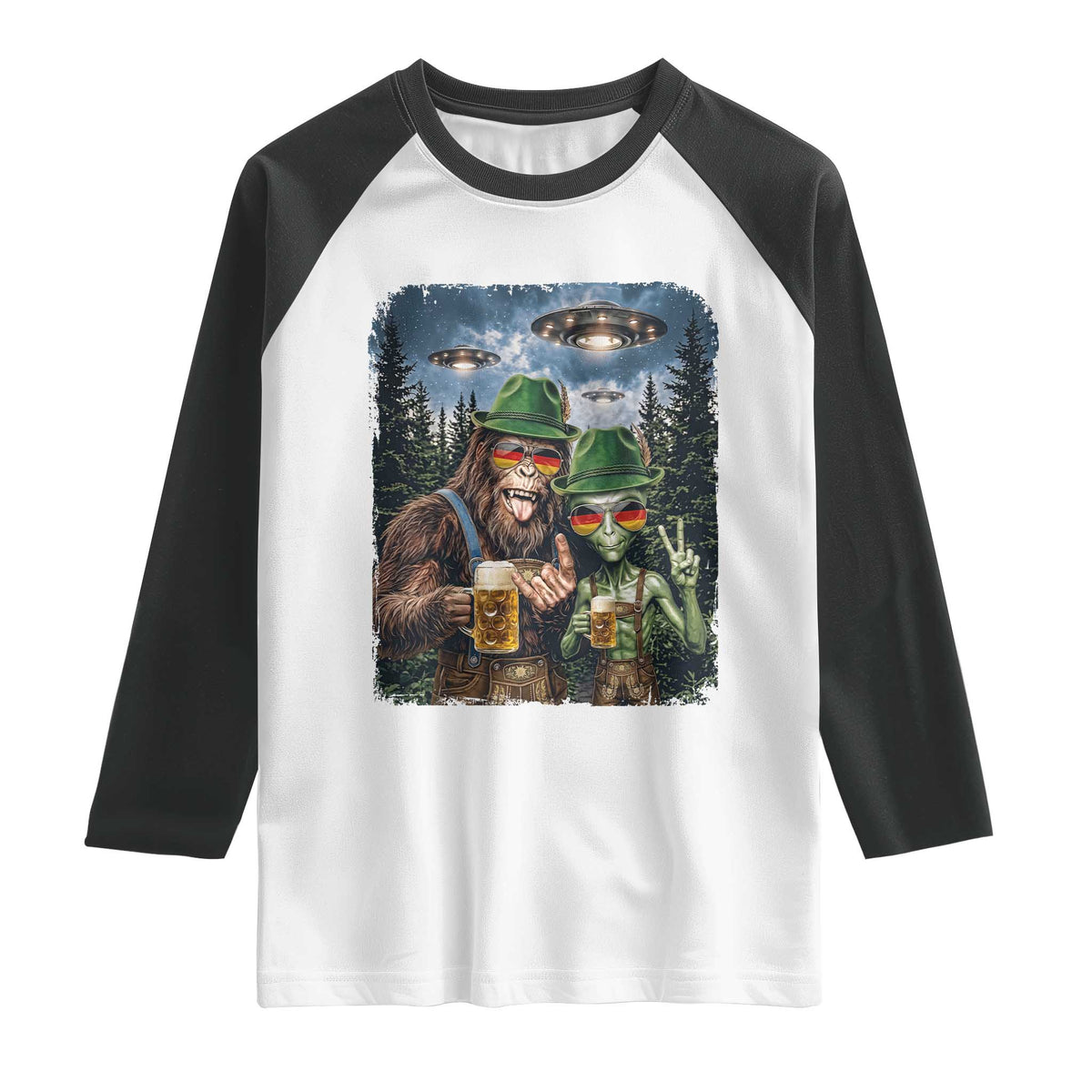 Funny Bigfoot Alien Oktoberfest Raglan Shirt Selfie Beer Party German Lederhosen UFO Gift