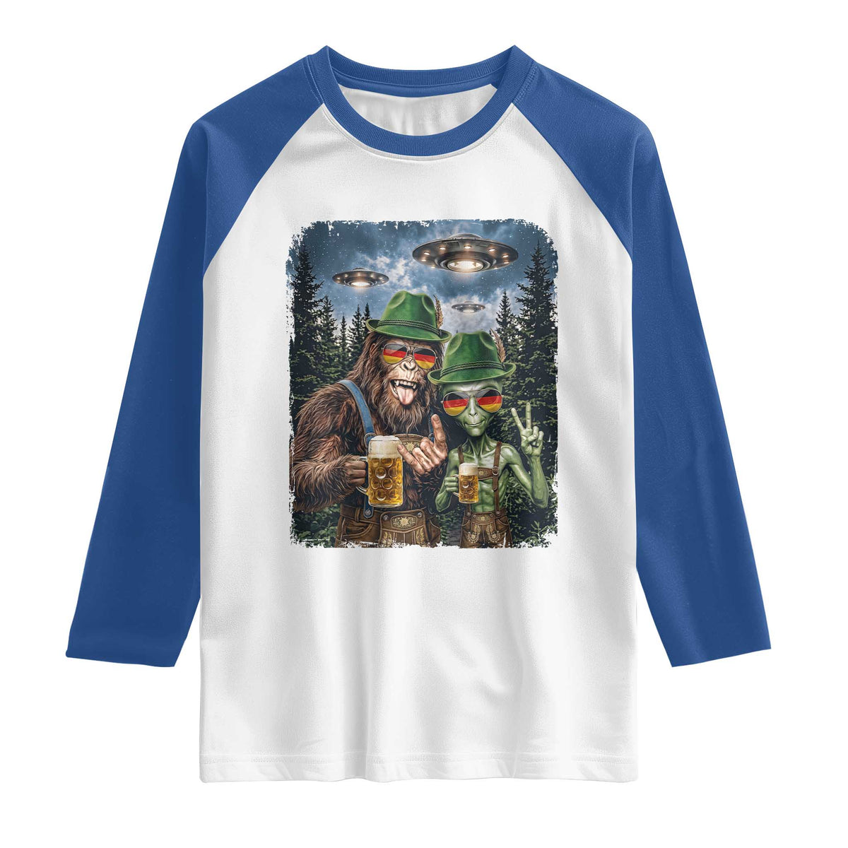 Funny Bigfoot Alien Oktoberfest Raglan Shirt Selfie Beer Party German Lederhosen UFO Gift