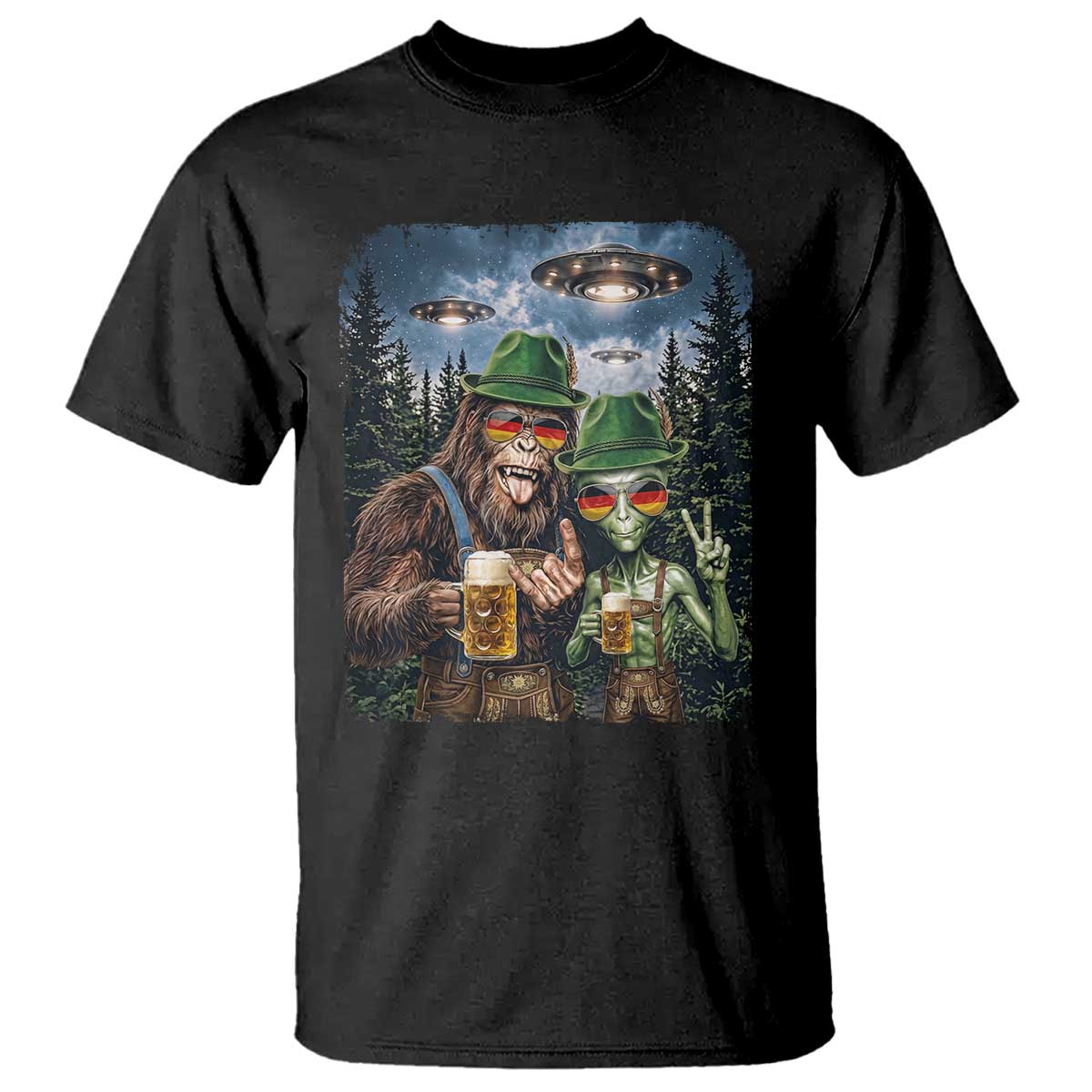 Funny Bigfoot Alien Oktoberfest T Shirt Selfie Beer Party German Lederhosen UFO Gift