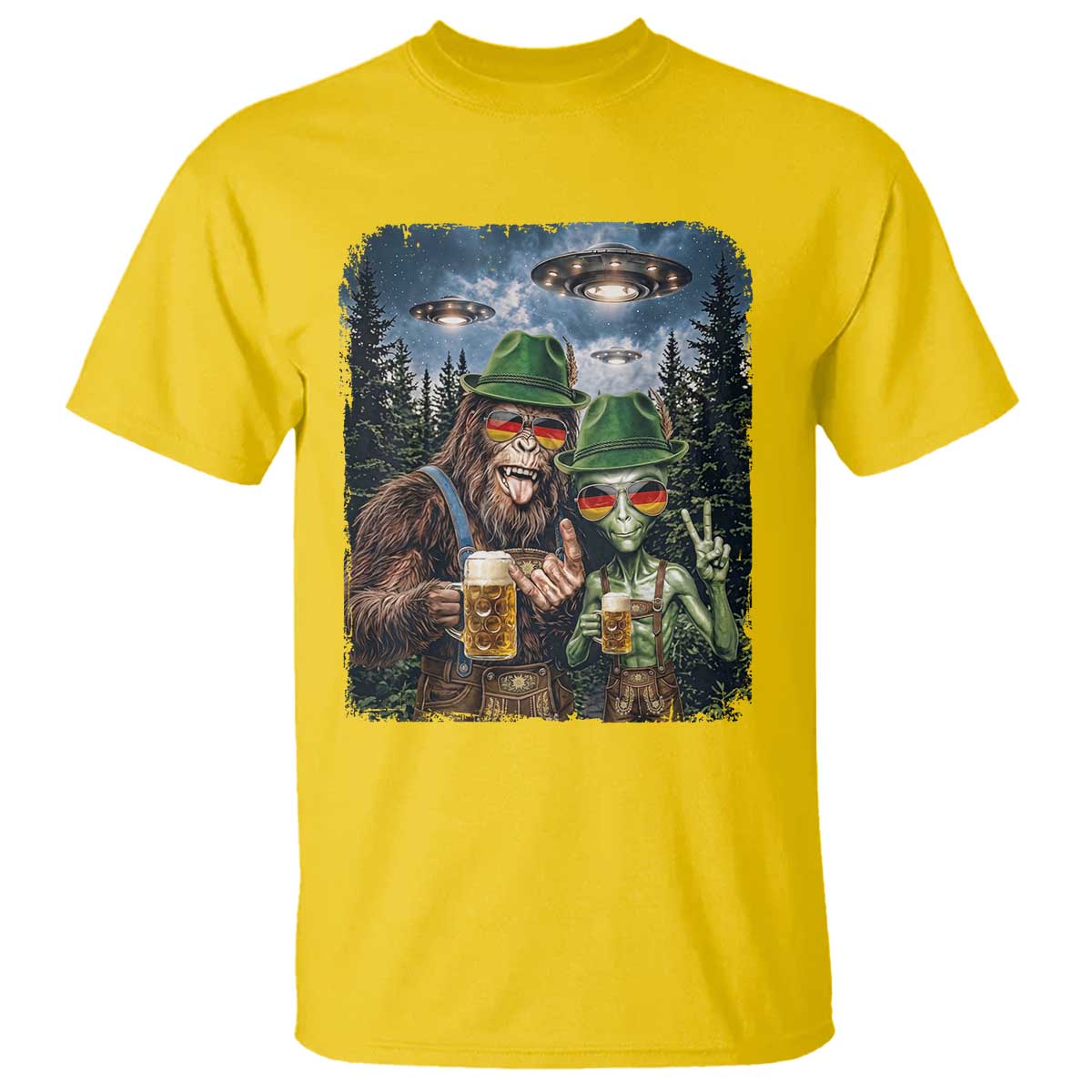 Funny Bigfoot Alien Oktoberfest T Shirt Selfie Beer Party German Lederhosen UFO Gift