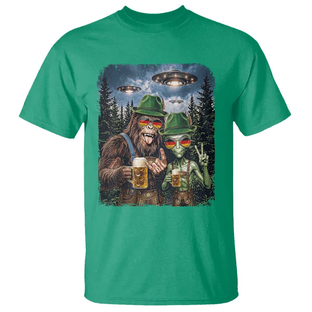 Funny Bigfoot Alien Oktoberfest T Shirt Selfie Beer Party German Lederhosen UFO Gift