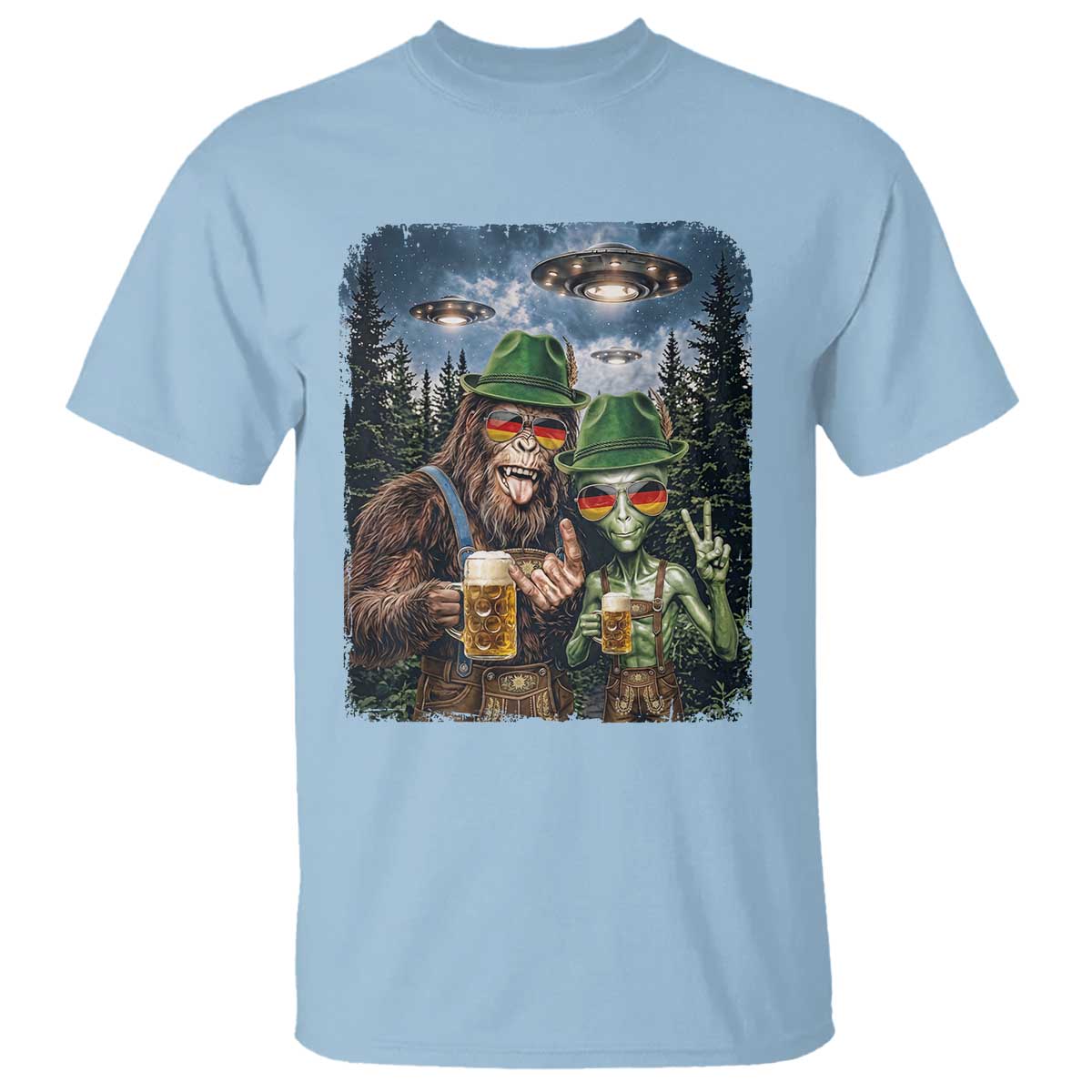 Funny Bigfoot Alien Oktoberfest T Shirt Selfie Beer Party German Lederhosen UFO Gift