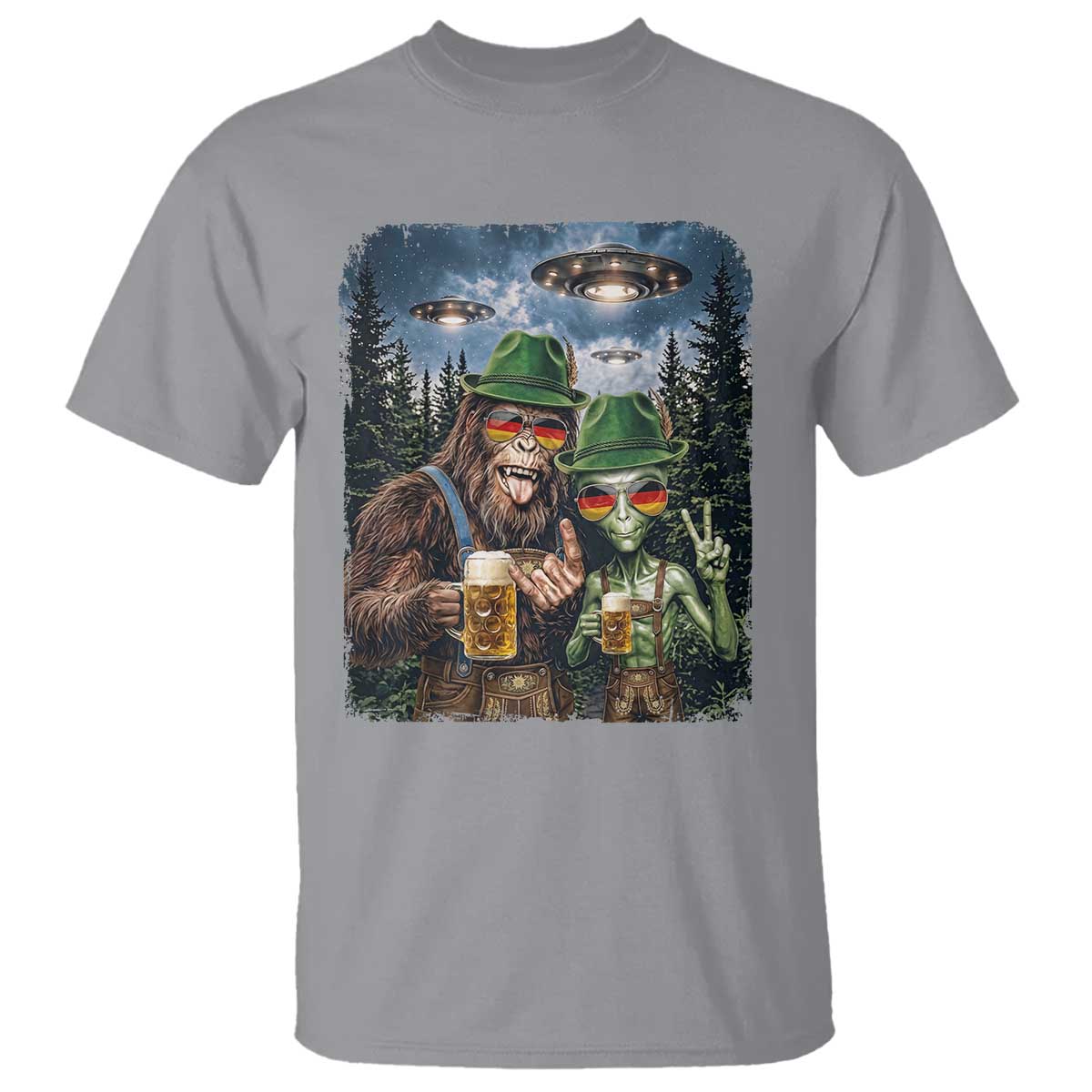 Funny Bigfoot Alien Oktoberfest T Shirt Selfie Beer Party German Lederhosen UFO Gift